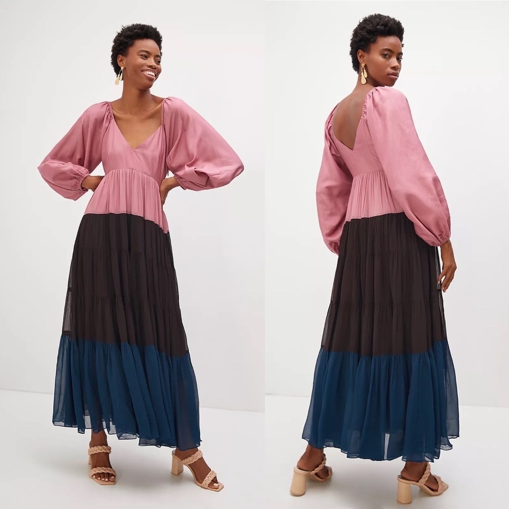 NWT Anthropologie Nirmooha Puff Sleeve Colour Block Maxi Dress Size Large Boho L